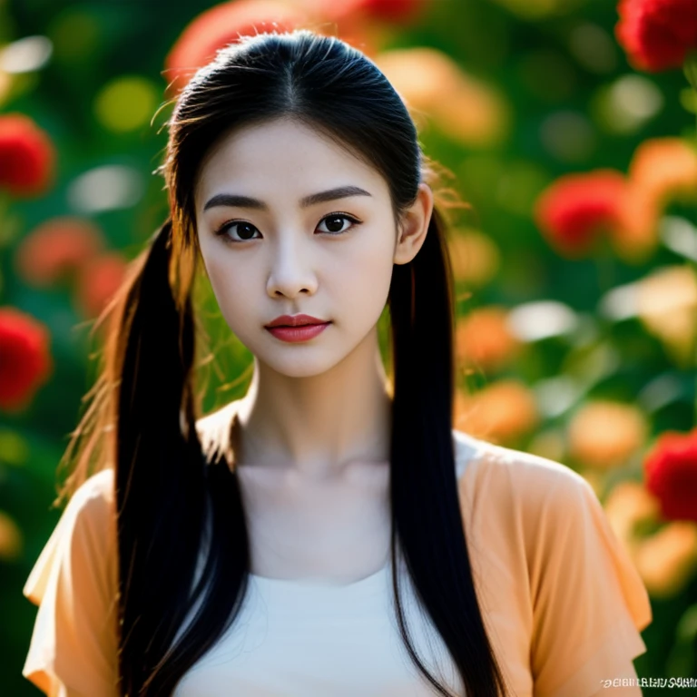 Beautiful Thai woman, 25 years old, with a clearly focused face.,The ponytail is very beautiful., His long hair flowed up.,Large chest measures 38 inches around the chest., red t-shirt, dark orange, Various postures, Looking straight at you intently, with red flowers, ชนบทท้องฟ้ากลางคืนสว่างWarm light,) Warm light,) professional lighting, Sony A7R4, 50mm sessile lens. Warm light ถ่ายด้วยกล้องคุณภาพสูง 45,000,000,000,Pixels, realistic light colors,