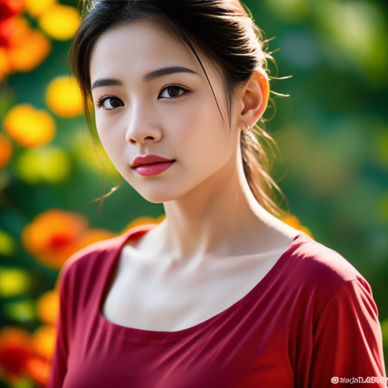 Beautiful Thai woman, 25 years old, with a clearly focused face.,The ponytail is very beautiful., His long hair flowed up.,Large chest measures 38 inches around the chest., red t-shirt, dark orange, Various postures, Looking straight at you intently, with red flowers, ชนบทท้องฟ้ากลางคืนสว่างWarm light,) Warm light,) professional lighting, Sony A7R4, 50mm sessile lens. Warm light ถ่ายด้วยกล้องคุณภาพสูง 45,000,000,000,Pixels, realistic light colors,