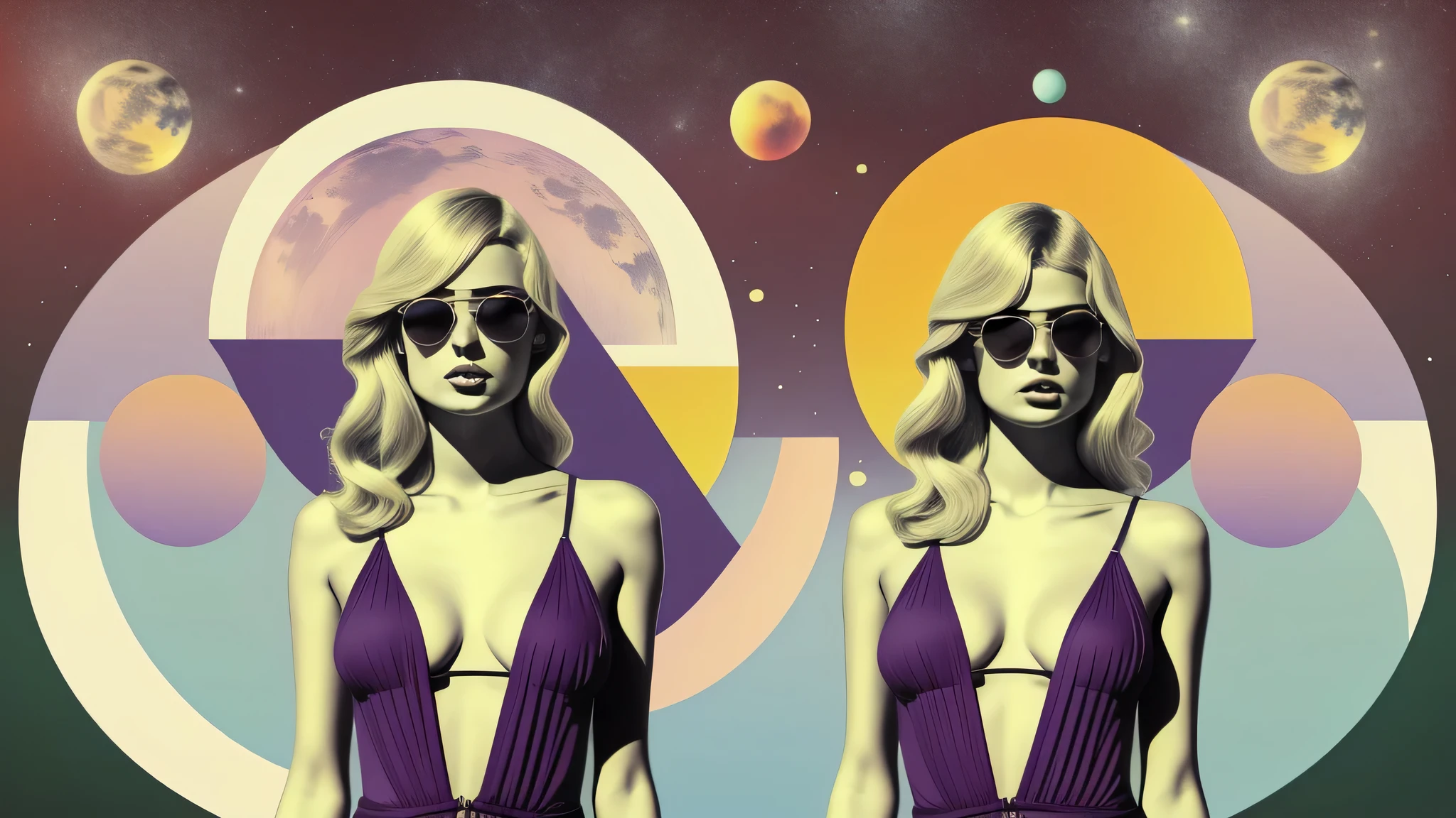 There is a triangle and a crescent moon above his head.、Blonde European woman in a swimsuit with sunglasses on a purple background with green circles