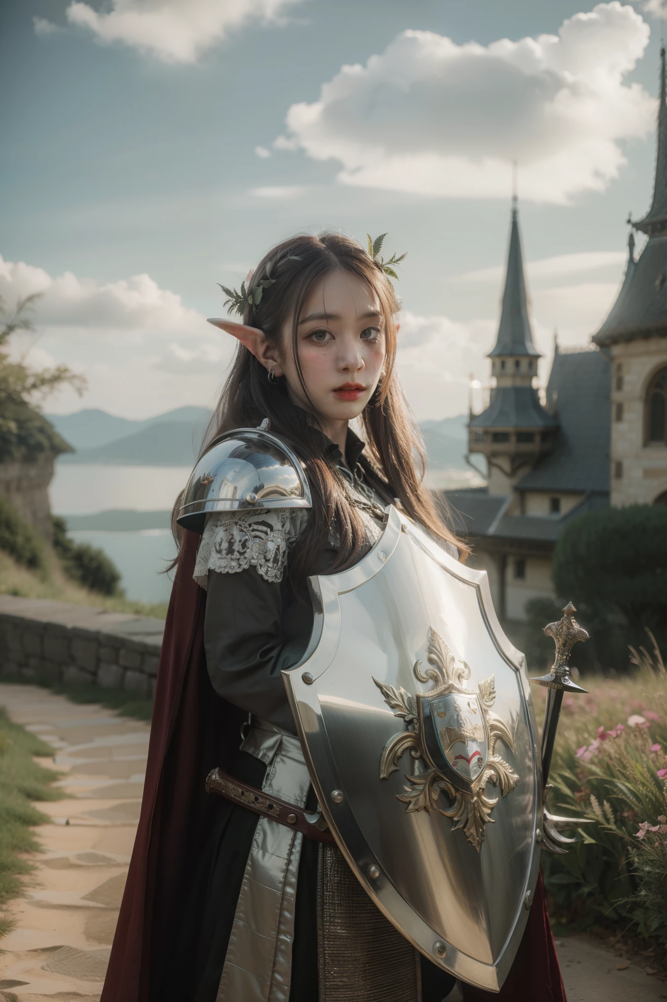 (masterpiece, best quality, detailed, highres), absurdes, elven woman, knight, fantasy landscape, sword and shield, 
