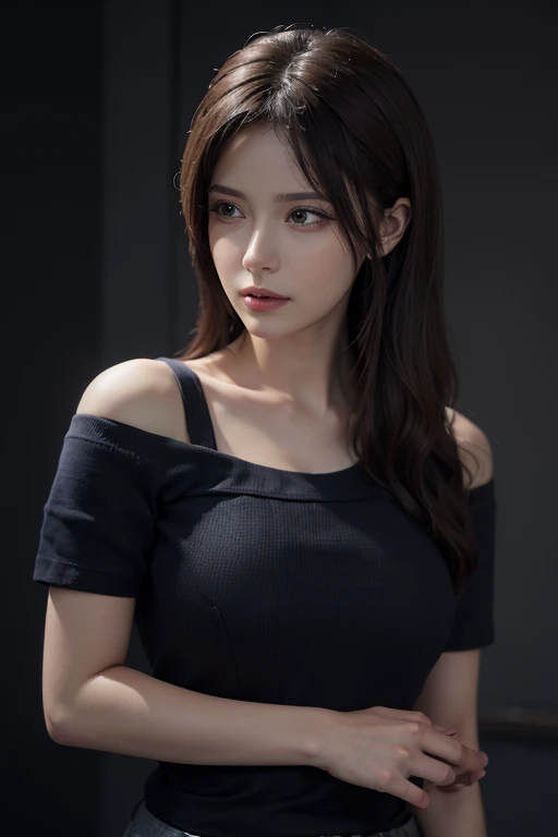 Fantasy art, Photorealism, Dynamic Lighting, Art Station, Poster, Volumetric lighting, Highly detailed face, (Official Uniform: 1.4), Long Hair, sweater, Delicate clavicle, Exposing shoulders, Ample breasts