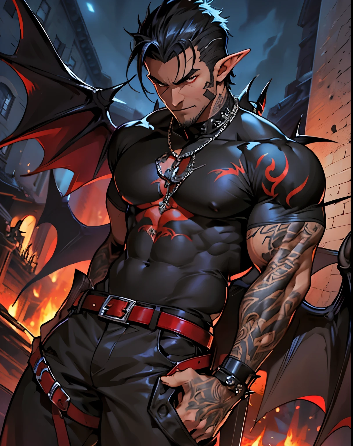 short hair,spiky hair,Demon Tail，demon Wings,night,black,stubble,Mature，muscular, Male，black hair，Have a tattoo，demon man, male demon, man male demon, high resolution committee, Male Fantasy, man male demon, evil cunning male, Male elf-human-demon hybrid, 
