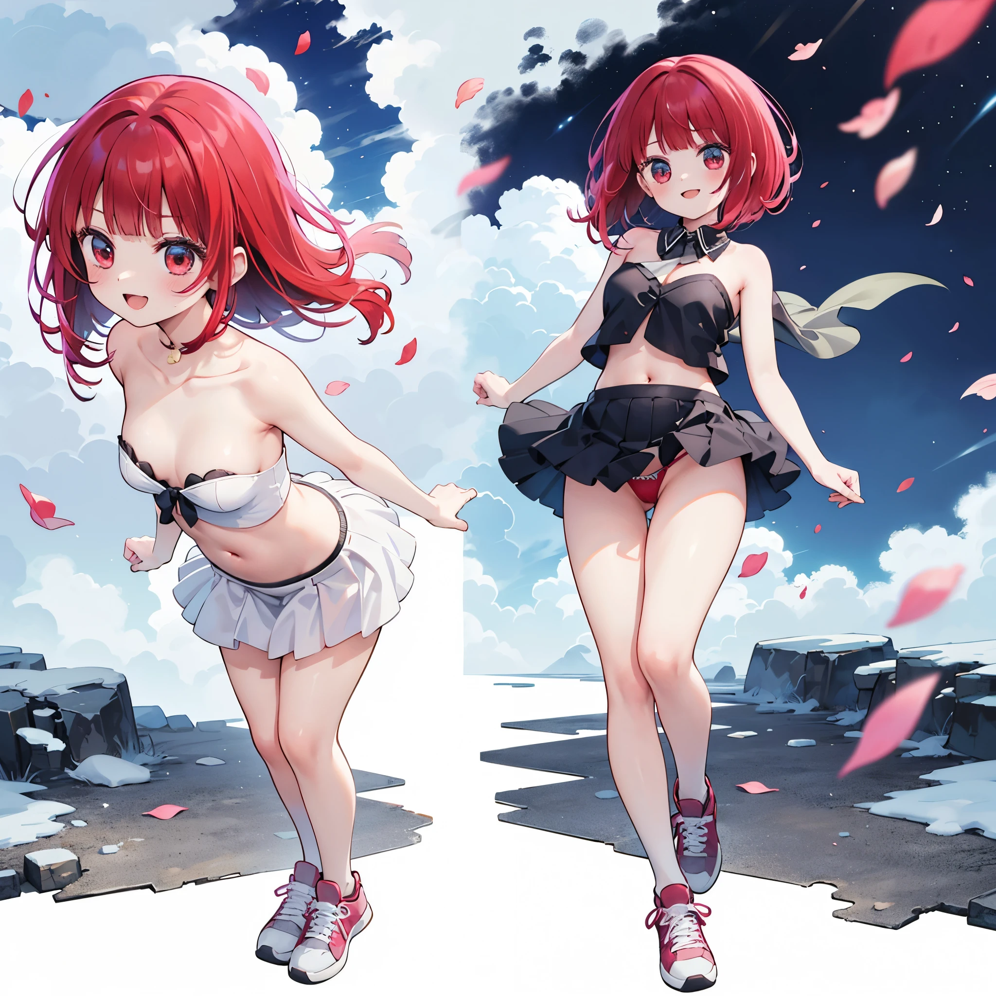 realistic image, detailed image, coherent image, 1 beautiful girl, she has shoulder length hair with blunt bangs, red hair, red eyes, smiling expression. She is wearing a strapless top, showing her navel, thin thong, pleated miniskirt, sneakers, She has a curvy body, small breasts and thick thighs, She is standing, legs crossed, arching her back, white background, uniform background , flower petals falling around, Soft focus, full body view, Dramatic shadows, Volumetric lighting, natural lighting,arima_kana