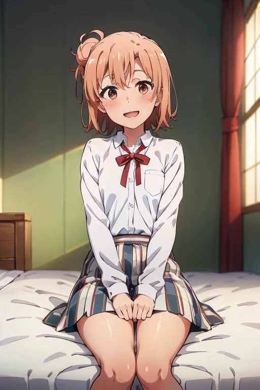 ((highest quality)), ((masterpiece)), (be familiar with), Perfect Face, indoor, Bedroom, Watching the audience,
One woman, Yuigahama Yui,
Open Mouth, Ecstatic expression, blush, smile,
Small breasts, Flat Chest, Young Girl, , , Girl,
Short Hair, Salmon-colored hair, Salmon-colored eyes, Side Pony,
Leg spread,