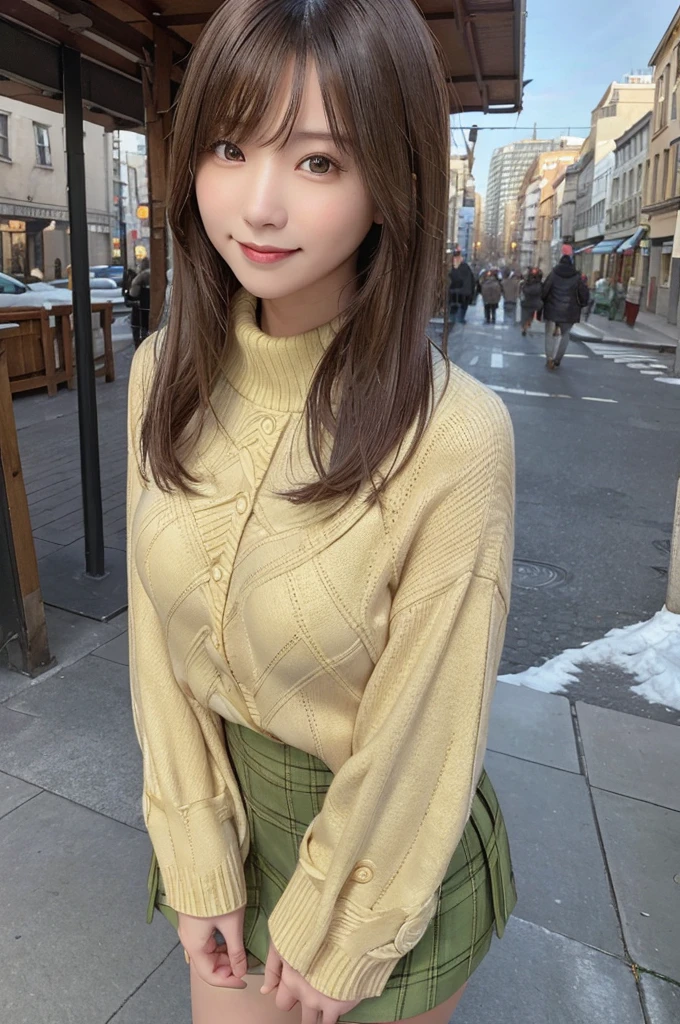 masterpiece, highest quality, High resolution, Stunningly beautiful woman, Winter Fashion, Wear warm outerwear or sweaters, Yellow green check skirt, Straight hair, Small breasts, Natural color lips, smile, Cityscape during the day, looking at the camera, Full Body Shot,