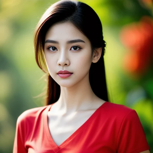 Beautiful Thai woman, 25 years old, with a clearly focused face.,The ponytail is very beautiful., His long hair flowed up.,Large chest measures 38 inches around the chest., red t-shirt, dark orange, Various postures, Looking straight at you intently, with red flowers, ชนบทท้องฟ้ากลางคืนสว่างWarm light,) Warm light,)  professional lighting, Sony A7R4, 50mm sessile lens. Warm light ถ่ายด้วยกล้องคุณภาพสูง 45,000,000,000,Pixels, realistic light colors,