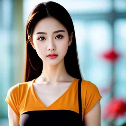 Beautiful Thai woman, 25 years old, with a clearly focused face.,The ponytail is very beautiful., His long hair flowed up.,Large chest measures 38 inches around the chest., red t-shirt, dark orange, Various postures, Looking straight at you intently, with red flowers, ชนบทท้องฟ้ากลางคืนสว่างWarm light,) Warm light,) professional lighting, Sony A7R4, 50mm sessile lens. Warm light ถ่ายด้วยกล้องคุณภาพสูง 45,000,000,000,Pixels, realistic light colors,