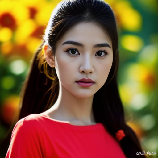 Beautiful Thai woman, 25 years old, with a clearly focused face.,The ponytail is very beautiful., His long hair flowed up.,Large chest measures 38 inches around the chest., red t-shirt, dark orange, Various postures, Looking straight at you intently, with red flowers, ชนบทท้องฟ้ากลางคืนสว่างWarm light,) Warm light,) professional lighting, Sony A7R4, 50mm sessile lens. Warm light ถ่ายด้วยกล้องคุณภาพสูง 45,000,000,000,Pixels, realistic light colors,