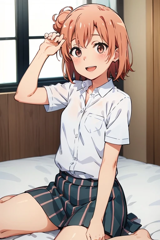 ((highest quality)), ((masterpiece)), (be familiar with), Perfect Face, indoor, Bedroom, Watching the audience,
One woman, Yuigahama Yui,
Open Mouth, Ecstatic expression, blush, smile,
Small breasts, Flat Chest, Young Girl, , , Girl,
Short Hair, Salmon-colored hair, Salmon-colored eyes, Side Pony,
Leg spread,