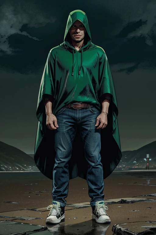 Man in Hooded poncho poncho poncho Closed Closed poncho poncho poncho Raincoat Color: Green and darkened face cap and jeans and converse sneakers Heroic Presence Serious and strong pose Rolled-up sleeves