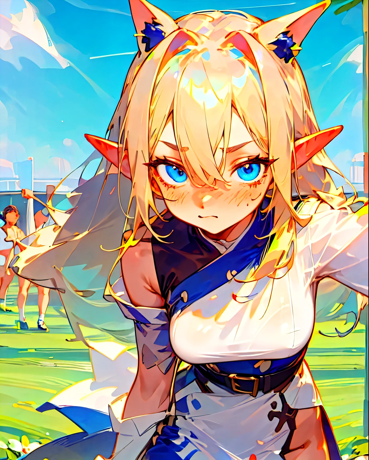 anime girl, elf ears, blond hair, blue eyes, cute expression, straight on face