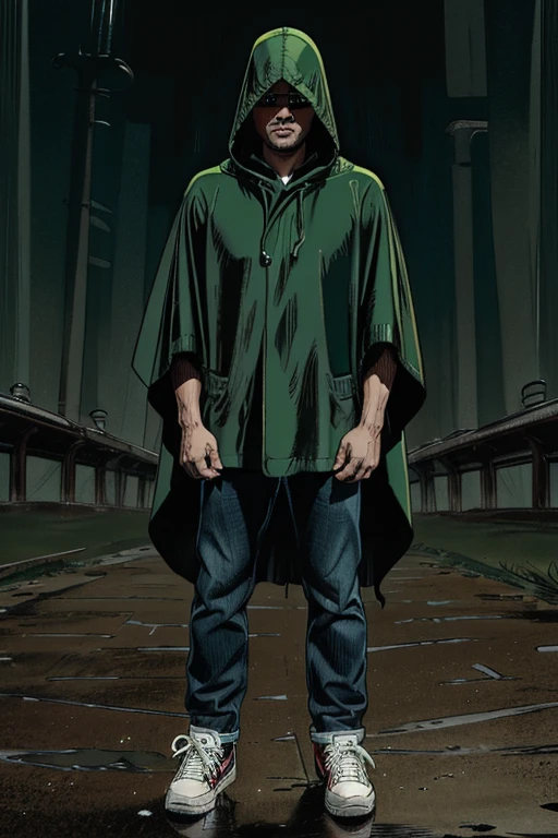 Man in Hooded poncho poncho poncho Closed Closed poncho poncho poncho Raincoat Color: Green and darkened face cap and jeans and converse sneakers Heroic Presence Serious and strong pose Rolled-up sleeves