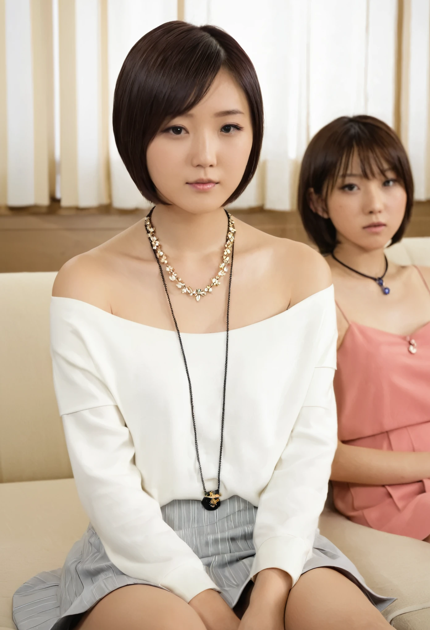 there is a woman sitting on a couch with a necklace on, 1 8 yo, chiho, with short hair, 18 years old, 2 7 years old, Yoshitomo Nara, 3 0 years old woman, 30 years old woman, narumi kakinouchi, natsumi mukai artwrok