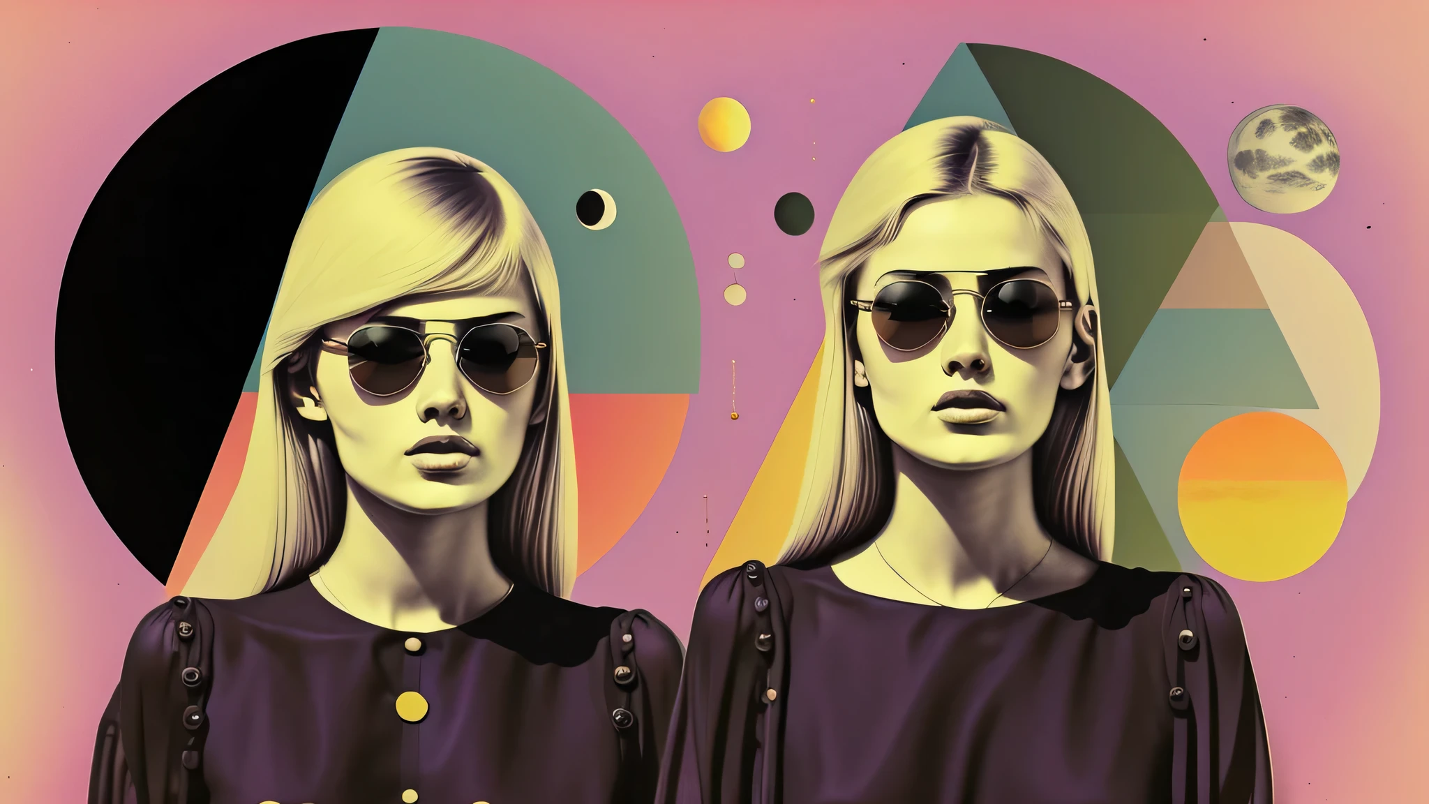 One woman on screen、There is a triangle and a crescent moon above his head.、Blonde European woman wearing sunglasses on purple background with green circles