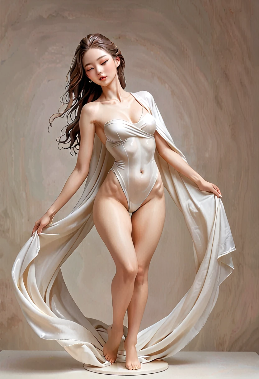 realistic sculpture,hips up,cream white ceramic,A young woman in a thin white cloth Swaying against your skin. sexy poses