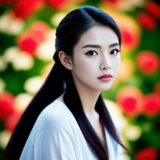 Beautiful Thai woman, 25 years old, with a clearly focused face.,The ponytail is very beautiful., His long hair flowed up.,Large chest measures 38 inches around the chest., dark red t-shirt, Various postures, Looking straight at you intently, with red flowers, ชนบทท้องฟ้ากลางคืนสว่างWarm light,) Warm light,) professional lighting, Sony A7R4, 50mm sessile lens. Warm light ถ่ายด้วยกล้องคุณภาพสูง 45,000,000,000,Pixels, realistic light colors,