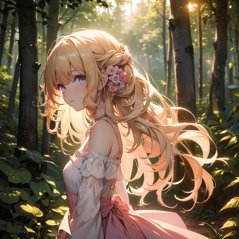 (8k), (masterpiece), (best quality), (super details), (award winning), (illustration), lens flare, glowing light, woman in a pink dress standing in the woods, (photography), modeling shoot, beautiful girl, (beautiful face:0.8), slender blonde girl, fashion photography portrait, pale skin curly blond hair, (off shoulder), (small breast), sunset background