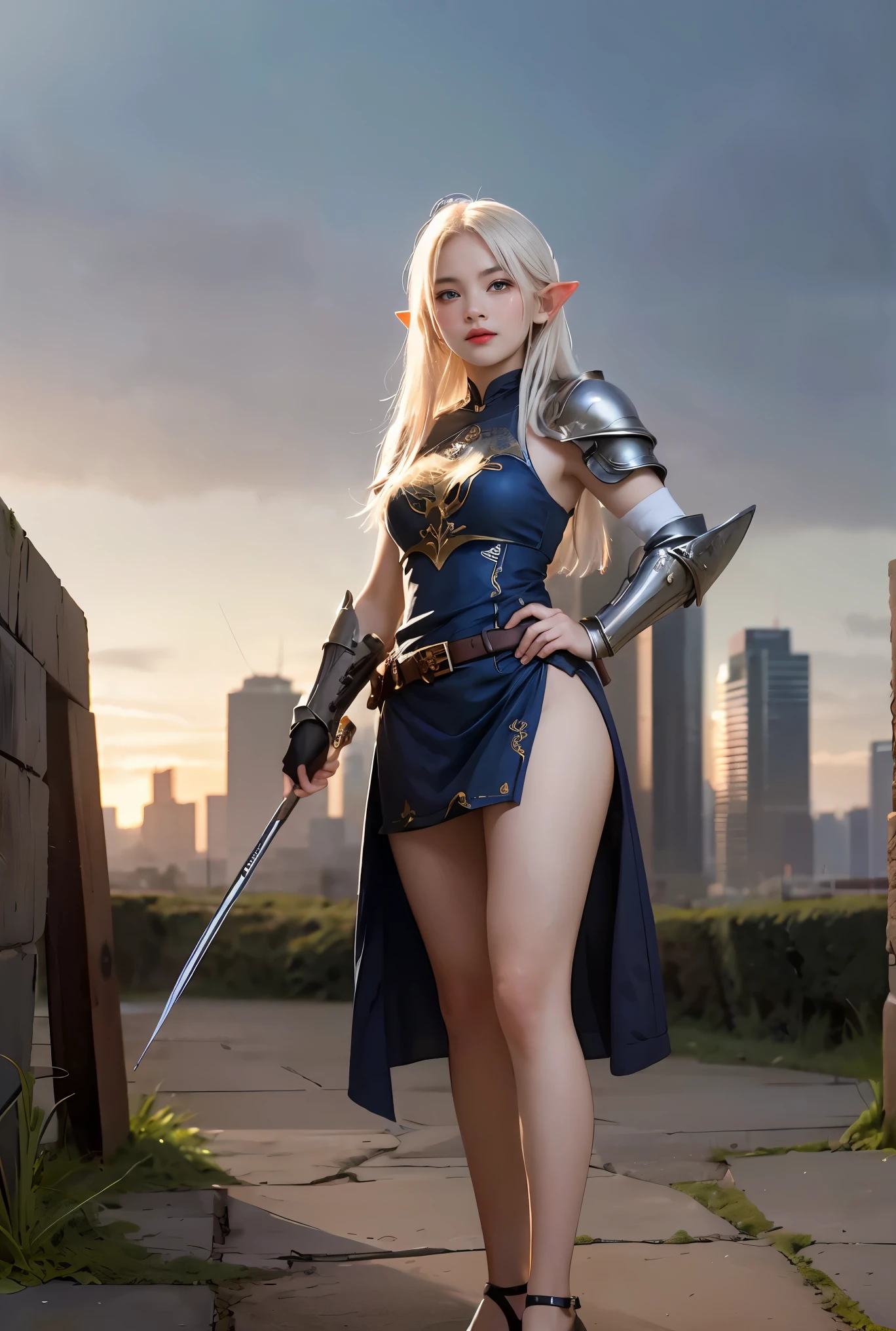 no background, background clean, standing character full body, elf female ranger, pretty face, charming face, long white hair, armor full plate, perfect slim body