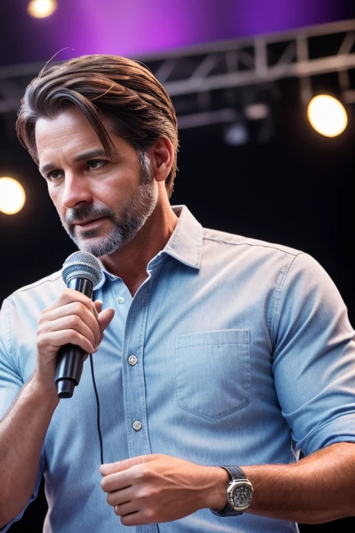 handsome male 40 years old, brushback hair wearing a casual clothes preaching with microphone highlights with Men Wedding Ring detailed, on a stage talking with a young people hiquality, with a ring, hazel eyes, hyper-realistic, speaking happy, Realism, Canon, Nikon, 85mm, HD, 4K, best quality, high details, texture