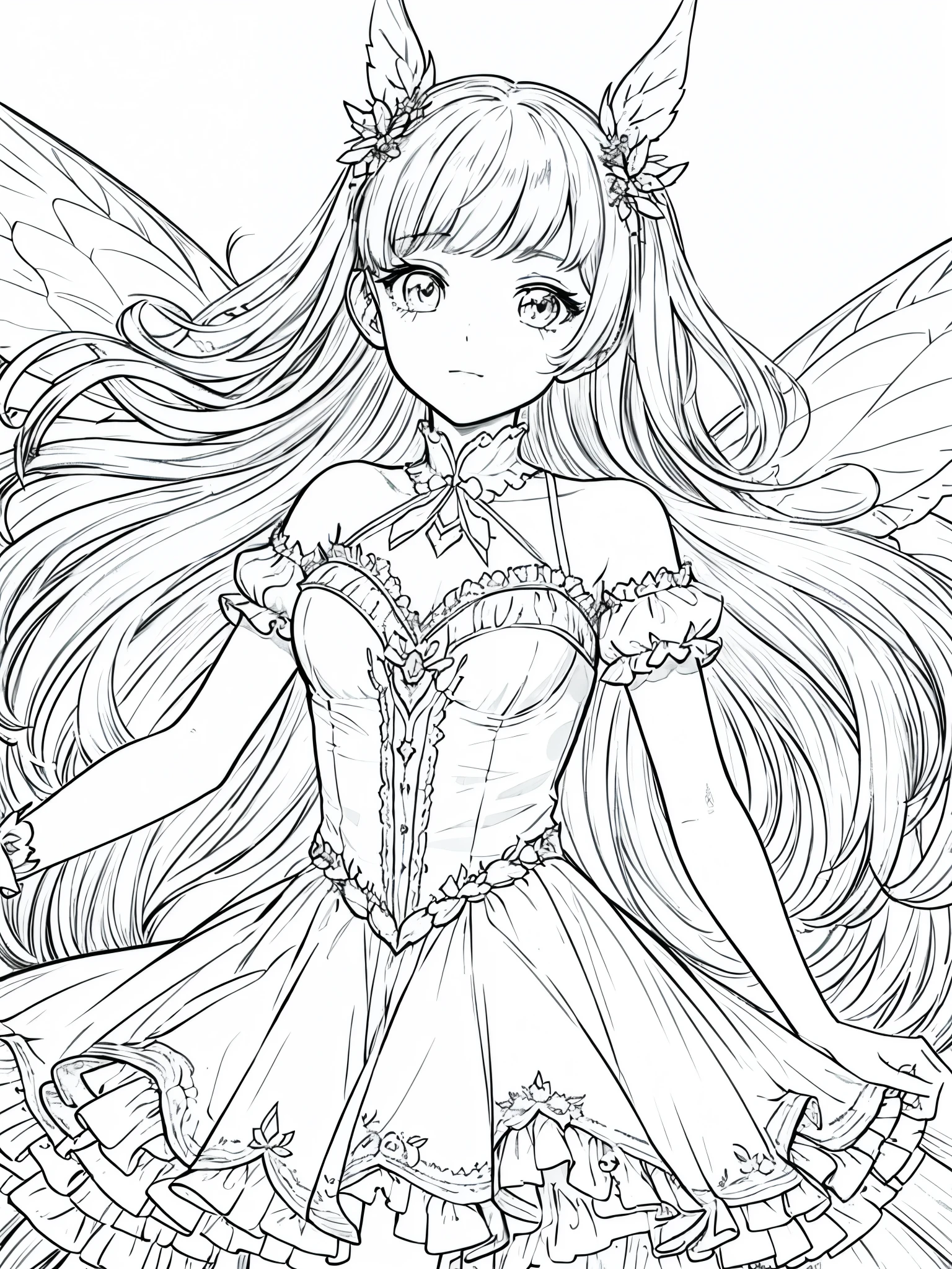 1 girl, fairy dress, short dress, fairy wings, loose hair, white background, lineart, monochrome