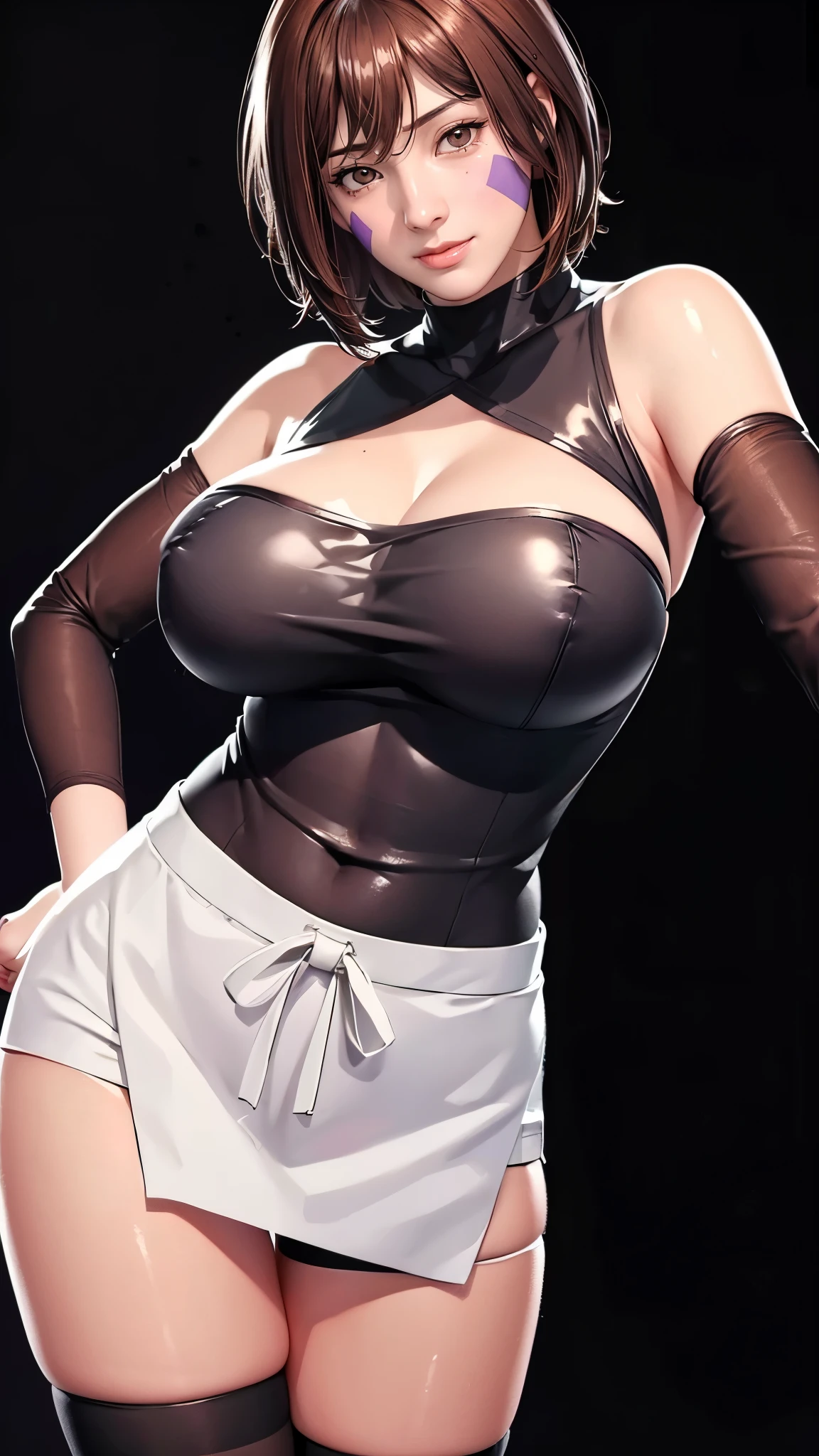 （（（完美figure，figure，solo， White and tender skin，（（（Cyberpunk，black shirt，bike shorts，long sleeves，waist apron，toeless footwear，black thighhighs））），（（（TsunadeLora,short hair，brown hair，facial mark，brown eyes，））），((masterpiece)),high resolution, ((Best quality at best))，masterpiece，quality，Best quality，（（（ Exquisite facial features，Looking at the audience,There is light in the eyes，(（（Smile，confidence））），型figure:1.7））），（（（Light and shadow，Huge breasts））），（（（Looking at the camera，black background，)）））