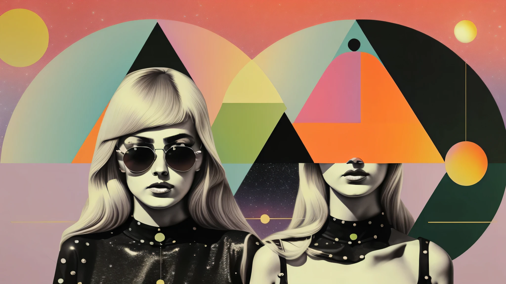 One woman on screen、There is a triangle and a crescent moon above his head.、Blonde European woman wearing sunglasses on purple background with green circles