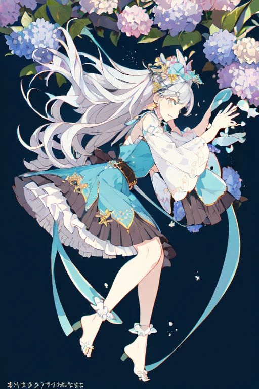 (masterpiece、最high quality、high quality)、One Girl、Girl with hydrangea in bloom、The tips of the hair are blue、Gray Hair、Long Hair、Wavy Hair、Short dress、Wind、Standing posture、An illustration、Looks energetic、Open hands、Relaxed pose、西洋Windファンアート，Rich in details, Extremely detailed character design, Beautiful full body concept art, Fantasy、barefoot、profile、belt、string、smile