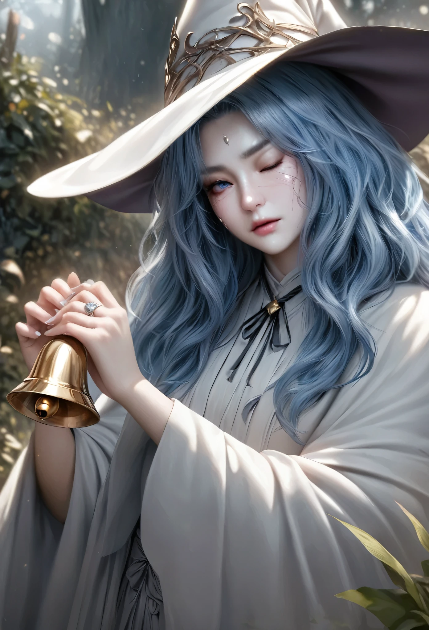 animetoreal,soft light, masterpiece, best quality,high quality,delicate face, realistic,photorealistic,1girl,,ranni_the_witch, elden_ring,bell, blue_eyes, blue_hair, blue_skin, cloak, colored_skin, doll_joints, extra_arms, extra_faces, fur_cloak, grey_cloak, hat, holding, holding_bell, index_finger_raised, jewelry, joints, medium_hair, neck_ribbon, one_eye_closed, own_hands_together, ribbon, ring, robe,wavy_hair, white_hat, white_nails, white_robe, wide_sleeves, witch_hat,in garden,front view