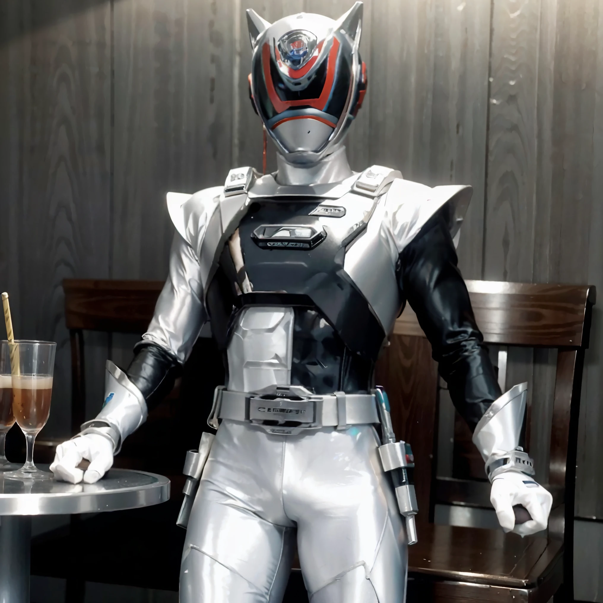 Fantasy background, cafe rpg style, empty chair, table, set of tea glass, (power rangers)), One guy、white shadow gray costume, Solo, ((fit figure)), (Anatomically correct), Cowboy shot, masked face, guns, muscular build