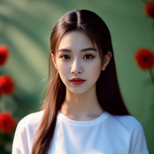 Beautiful Thai woman, 25 years old, with a clearly focused face.,The ponytail is very beautiful., His long hair flowed up.,Large chest measures 38 inches around the chest., dark red t-shirt, Various postures, Looking straight at you intently, with red flowers, ในร้านอาหารกลางคืนสว่างWarm light,) Warm light,)  professional lighting, Sony A7R4, 50mm sessile lens. Warm light ถ่ายด้วยกล้องคุณภาพสูง 45,000,000,000,Pixels, realistic light colors,