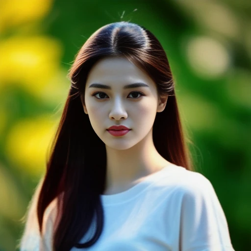 Beautiful Thai woman, 25 years old, with a clearly focused face.,The ponytail is very beautiful., His long hair flowed up.,Large chest measures 38 inches around the chest., dark red t-shirt, Various postures, Looking straight at you intently, with red flowers, ในร้านอาหารกลางคืนสว่างWarm light,) Warm light,) professional lighting, Sony A7R4, 50mm sessile lens. Warm light ถ่ายด้วยกล้องคุณภาพสูง 45,000,000,000,Pixels, realistic light colors,