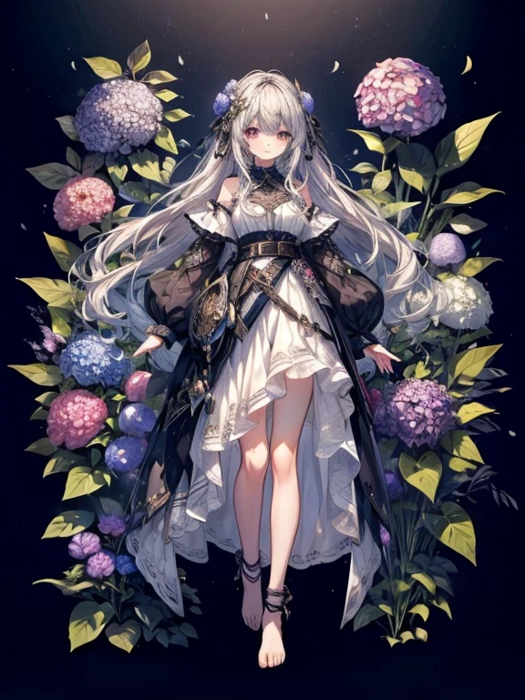 (masterpiece、最high quality、high quality)、One Girl、Girl with hydrangea in bloom、The tips of the hair are blue、Gray Hair、Long Hair、Wavy Hair、Short dress、Wind、Standing posture、An illustration、Looks energetic、Open hands、Relaxed pose、西洋Windファンアート,Rich in details, Extremely detailed character design, Beautiful full body concept art, Fantasy、barefoot、profile、belt、string、smile