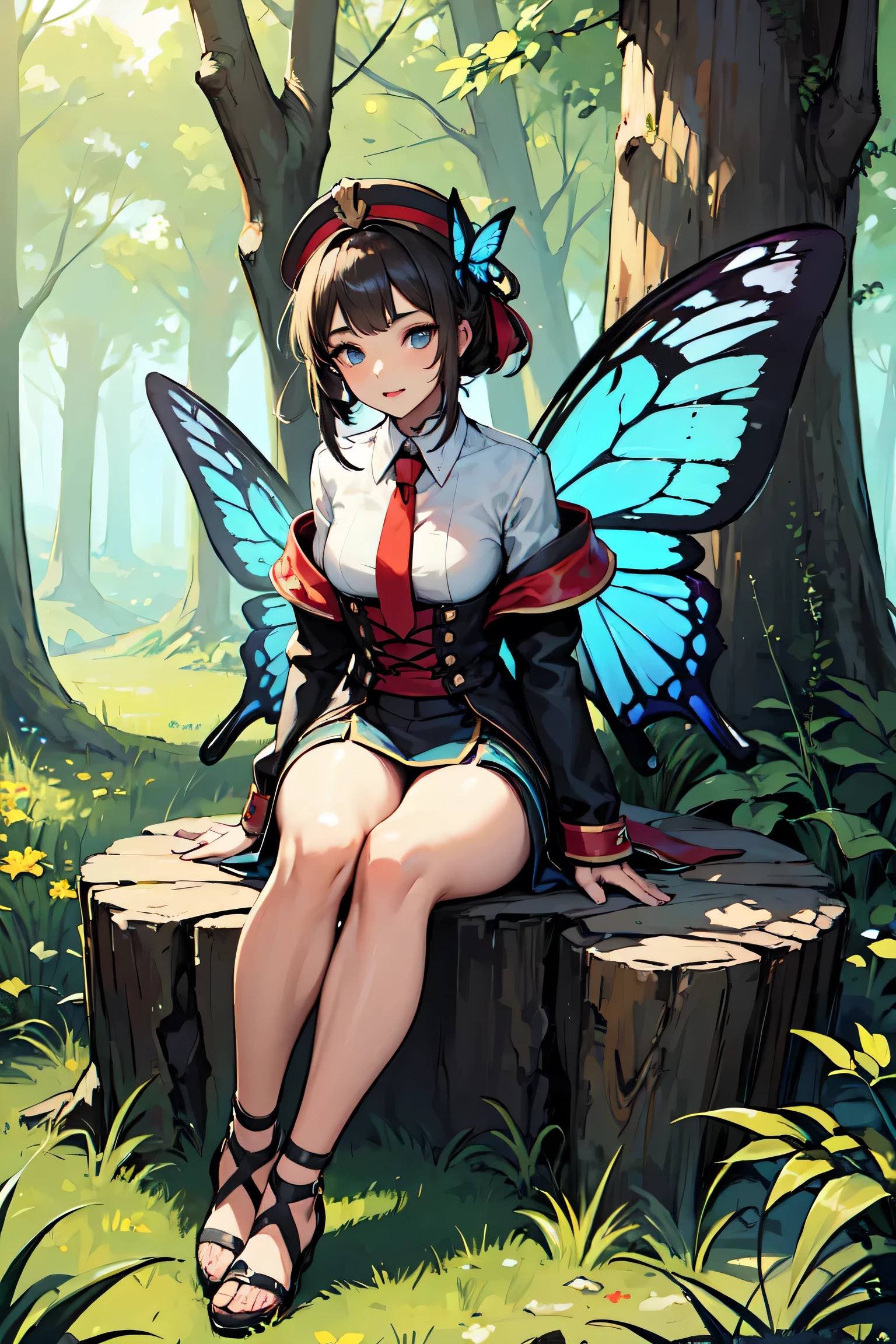 Girl is sitting on toadstool and she is in forest and that girl have butterfly wings
