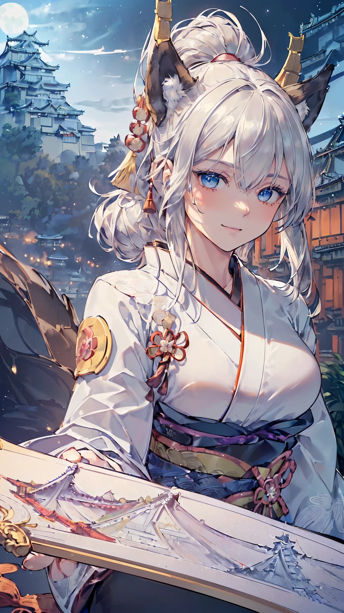 (((Masterpiece))), (((Highest quality))), ((Ultra-detailed)), ((Super fine illustration)), ((Ultra-fine painting)), (16K highest quality wallpaper:1.4), (Upper body:1.6), HDR, (Highly detailed and delicate illustration style:1.8), Detailed skin texture, Detailed cloth texture, Extreme detailed description, (T-masterpiece), (Highly detailed face:1.2), (Highly detailed silver fox ears:1.2), (Highly detailed shiny ponytail:1.2), (Highly detailed beautiful eyes:1.2), (Highly detailed silver nine tails:1.2), Original, RAW photo, Professional, Intricate details, Super details, Direct light:1.6, (Perfect anatomy:1.4), (Highly detailed hands:1.2), (Highly detailed fingers:1.2), (Highly detailed fingertips:1.2), (27-years-old), Real, (Solo:1.8), ((A very beautiful and attractive silver fox model who is the lord of the castle and has nine tails and blue eyes:1.4)) BRAKE (Beautiful and adorable silver fox ears:1.6), (Highly detailed and delicate silver fox ears:1.2), (Beautiful and adorable silver fox nine tails:1.2), (Highly detailed and delicate silver fox nine tails:1.2), (Beautiful and well-shaped big breasts:1.2), (Beautiful and well-shaped buttocks), (Beautiful and shiny silver ponytail:1.4), (Highly detailed and delicate silver ponytail:1.2), (Beautiful clear and highly detailed blue eyes:1.6), (Highly detailed face:1.4), (Smile:1.6), (Blush:1.2), (Looking at viewer:1.4) BRAKE (Dark colored highly detailed kimono armor:1.6), (Dark colored highly detailed long hakama armor:1.6), (Japanese traditional costume:1.2) BRAKE ((Highly detailed and delicate Japanese castle background:1.6), Japanese style castle:1.4, Highly detailed and beautiful moon and starry sky background:1.4) BRAKE