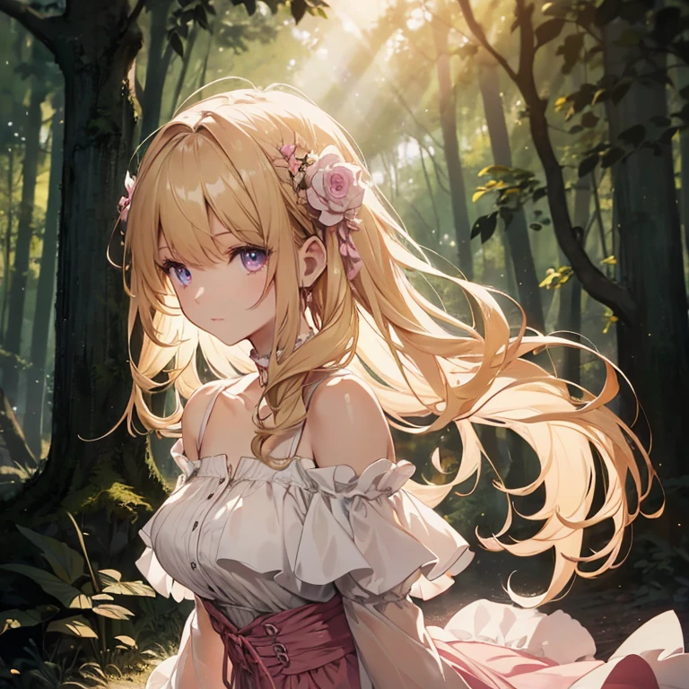 (8k), (masterpiece), (best quality), (super details), (award winning), (game illustration), lens flare, glowing light, woman in a pink dress standing in the woods, modeling shoot, beautiful girl, (beautiful face:0.8), slender blonde girl, fashion photography portrait, pale skin curly blond hair, (off shoulder), (small breast)