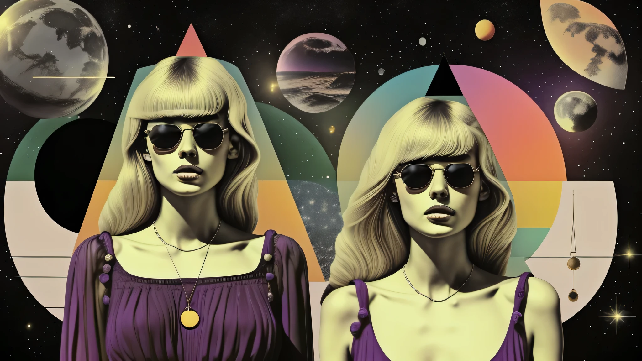 One woman on screen、There is a triangle and a crescent moon above his head.、Blonde European woman wearing sunglasses on purple background with green circles