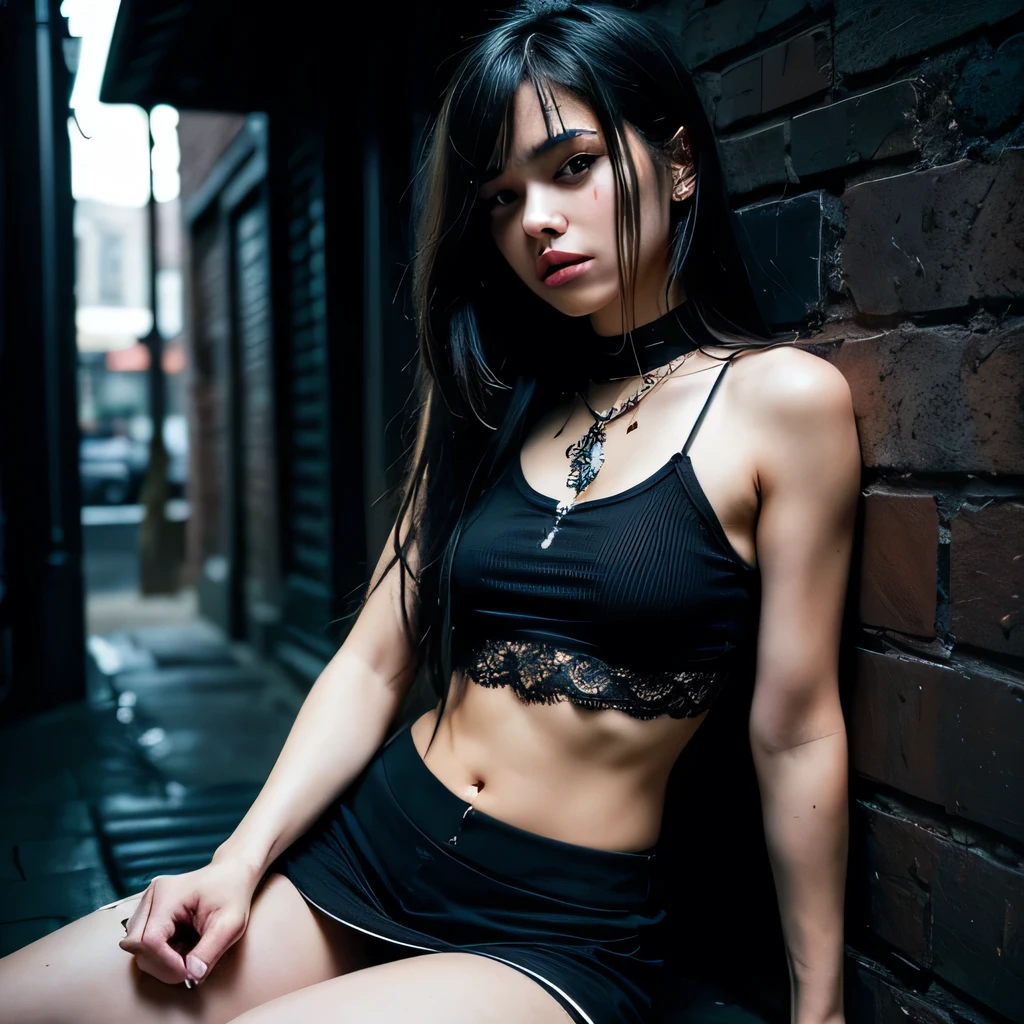 a detailed portrait of a poor 13 year old emo age girl (body and face like a teenith long blackhair, beautiful detailed eyes, beautiful detailed lips, extremely detailed face, extremely cute body and face, bruises on her body, hourglass figure, skinny, short stature, sweaty, little breasts, round ass, wearing dirty and tattered clothes (short skirt, tattered crop top), sitting on her knees in an dark alley, nightime, photorealistic, highly detailed, 4k, dramatic moody colors