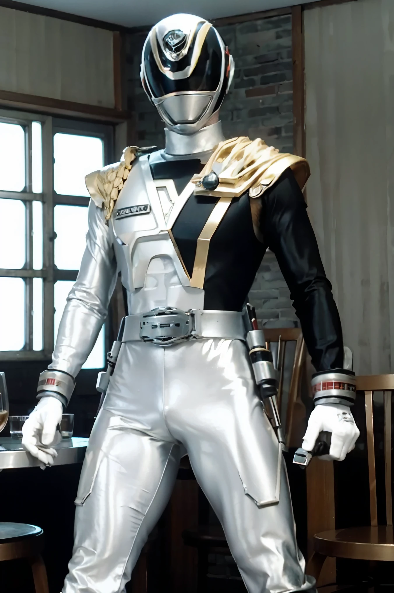 Fantasy background, cafe rpg style, empty chair, table, set of tea glass, (power rangers)), One guy、white shadow gray costume, Solo, ((fit figure)), (Anatomically correct), Cowboy shot, masked face, guns, muscular build