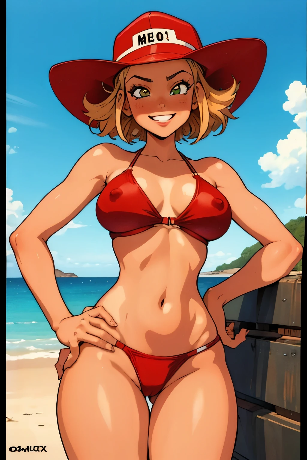 1990s (style), 1980s (style), retro artstyle, NSFW, sexy, One girl, red_swimsuit, red_cap, lifeguard, Sweating, blink eye, smile, in the beach, NSFW
