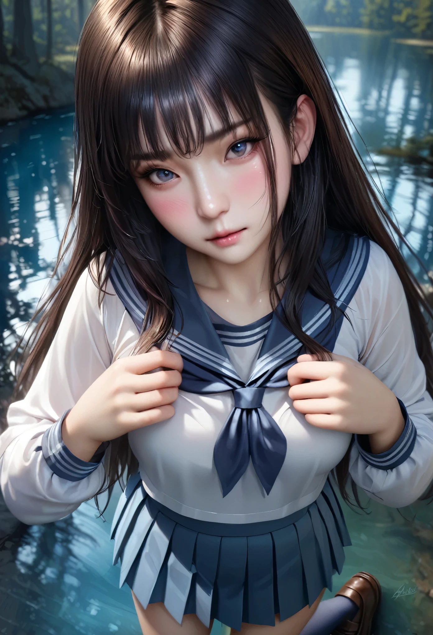 animetoreal,soft light, masterpiece, best quality,high quality,delicate face, realistic,photorealistic,1girl,,akebi_komichi, akebi-chan_no_serafuku, 1girl, black_hair, blue_bow, blue_bowtie, blue_sailor_collar, blue_skirt, blue_socks, blush, bow, bowtie, brown_footwear, closed_mouth,hair_behind_ear, loafers, long_hair, long_sleeves, pleated_skirt,,besides a blue lake, night sky,stars,forest,Reflections in the water,, from below