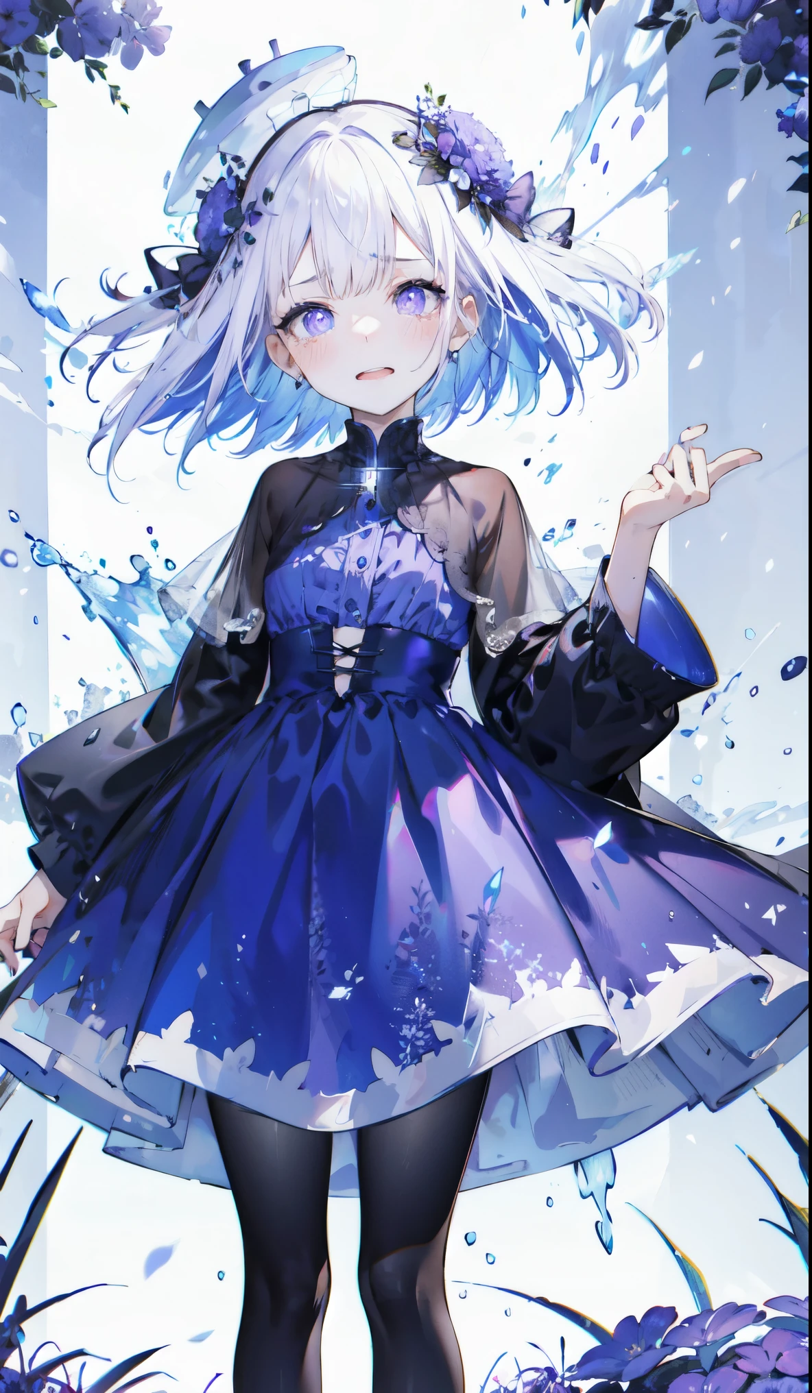 ((masterpiece:1.4,best quality)),(Super detailed),(Extremely detailed eyes),(Black leggings,Shiny socks:1.5),Hello Darkness
(Sexy girls),(28 year old girl),(Blood-red pupils,Diamond-shaped pupil:1.15),Purple Eyeshadow,(Elongated hair,Thick hair,shiny hair:1.5)(Variza:1.2),Fair skin,despair,Grief,Empty eyes,Tears streaming down my face,tilt head to one side,Kneel down
(She wears blue armor,A blue dress,:1.5),Very long plush sleeves,White,White Cloud,Dream bubbles ,Ice and glitter effects
(Black long skirt:1.1),
(dawn:1.2),
(Intense black and white:1.16),(Depth of Field:1.4),,Intricate details,(Sky Castle,Standing on the lake,Purple flowers by the lake)