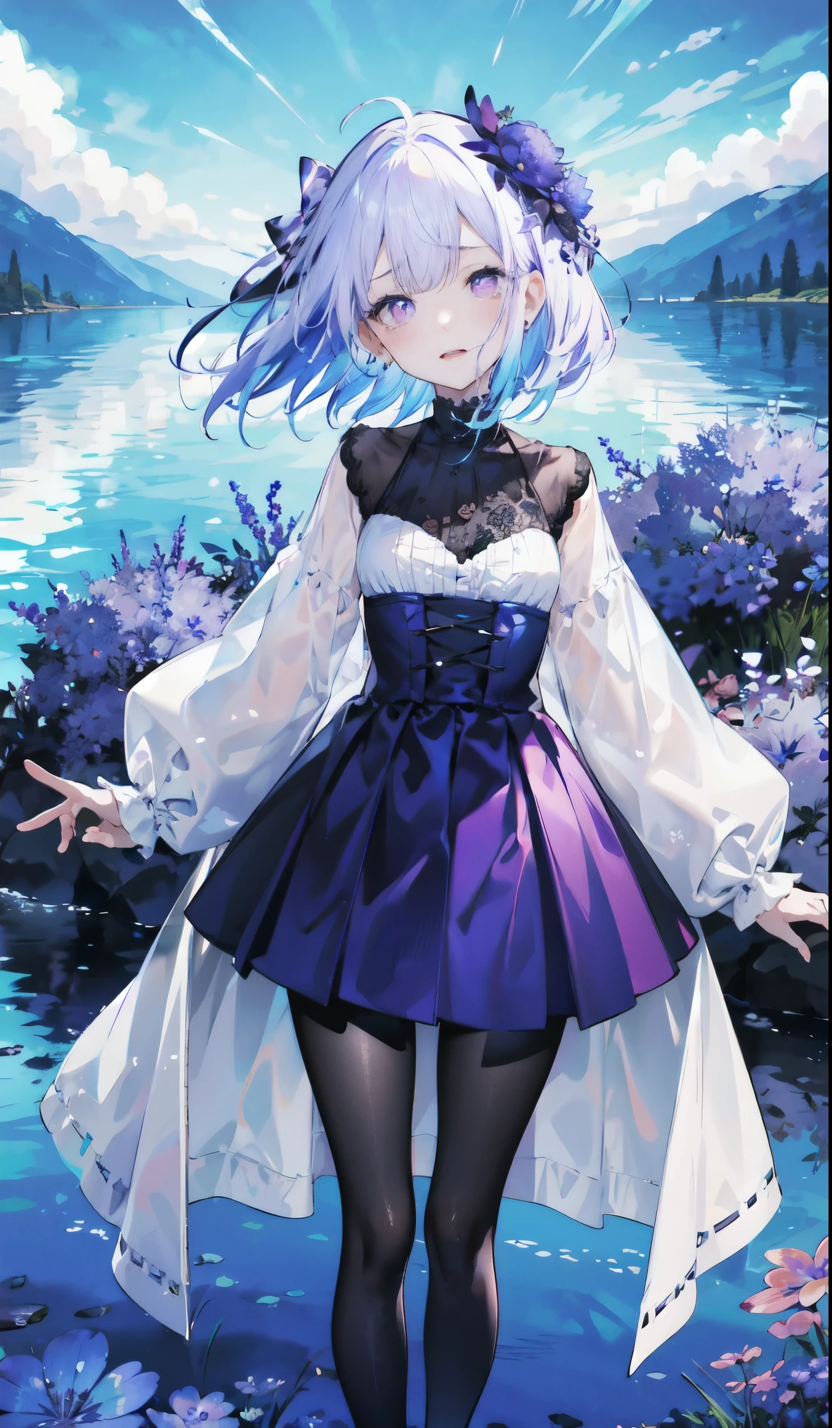 （（masterpiece：1.4，best quality）），（Super detailed），（Extremely detailed eyes），（Black leggings，Shiny socks：1.5），Hello Darkness
（Sexy girls），(28 year old girl)，（Blood-red pupils，Diamond-shaped pupil：1.15），Purple Eyeshadow，（Elongated hair，Thick hair，shiny hair：1.5）（Variza：1.2），Fair skin，despair，Grief，Empty eyes，Tears streaming down my face，tilt head to one side，Kneel down
（She wears blue armor，A blue dress，：1.5），Very long plush sleeves，White，White Cloud，Dream bubbles ，Ice and glitter effects
（Black long skirt：1.1），
（dawn：1.2），
（Intense black and white：1.16），（Depth of Field：1.4），，Intricate details，(Sky Castle，Standing on the lake，Purple flowers by the lake)