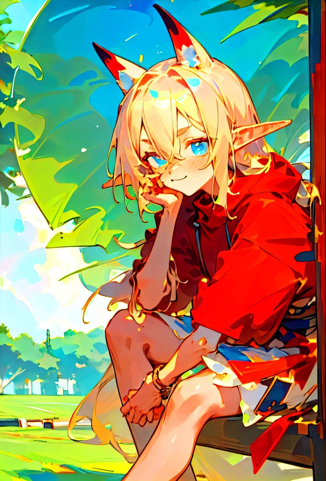 anime girl, elf ears, blond hair, blue eyes, cute expression, three quarter face, , cute, tiny