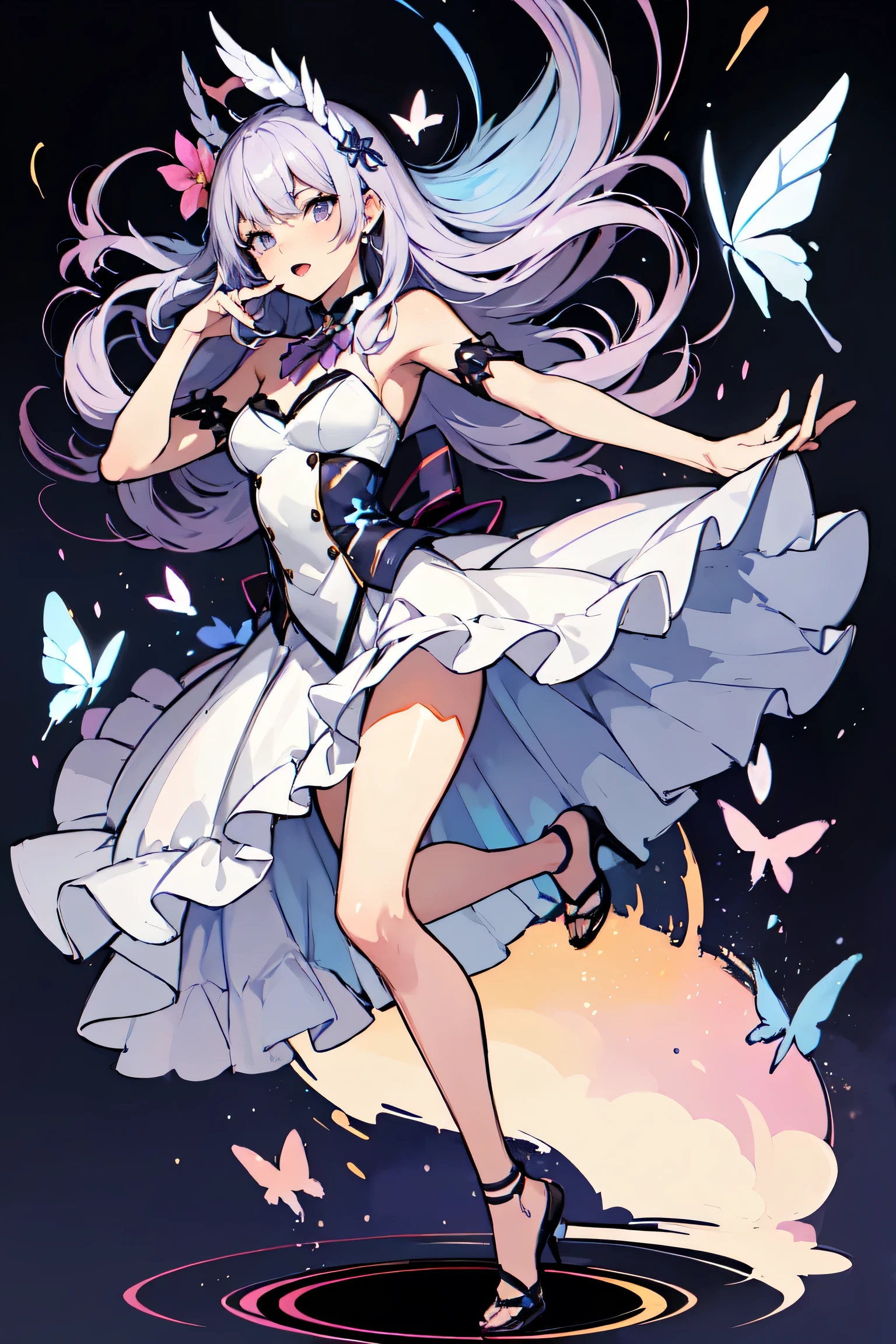 A (((watercolor anime character))) with (((light lavender hair)))) and ((Lilac flowers)) intricate details like holographic highlights and glitter on her face and hair, a (full body scene) with a soft 8K purple haze as a backdrop, ethereal butterflies fluttering around and dancing amidst the mix of (holographic mist)
