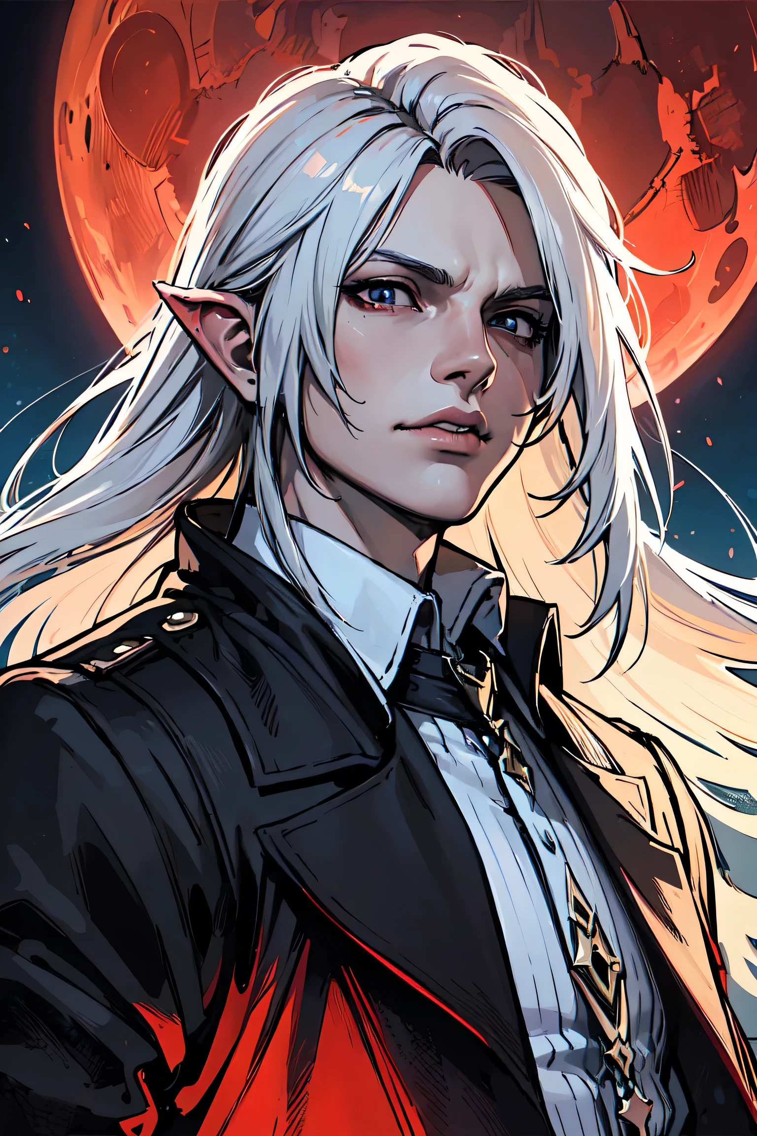 (((hyper realistic anime))) (((final fantasy style))) vividly imagined (((demonic boy))), with flowing white hair and angelically pointed ears , elegantly dressed in a mix of (fantastical half-human, half-demon fashion), , looking up at the red moon shining brightly in the night sky as it cleanses sinful souls and makes them anew