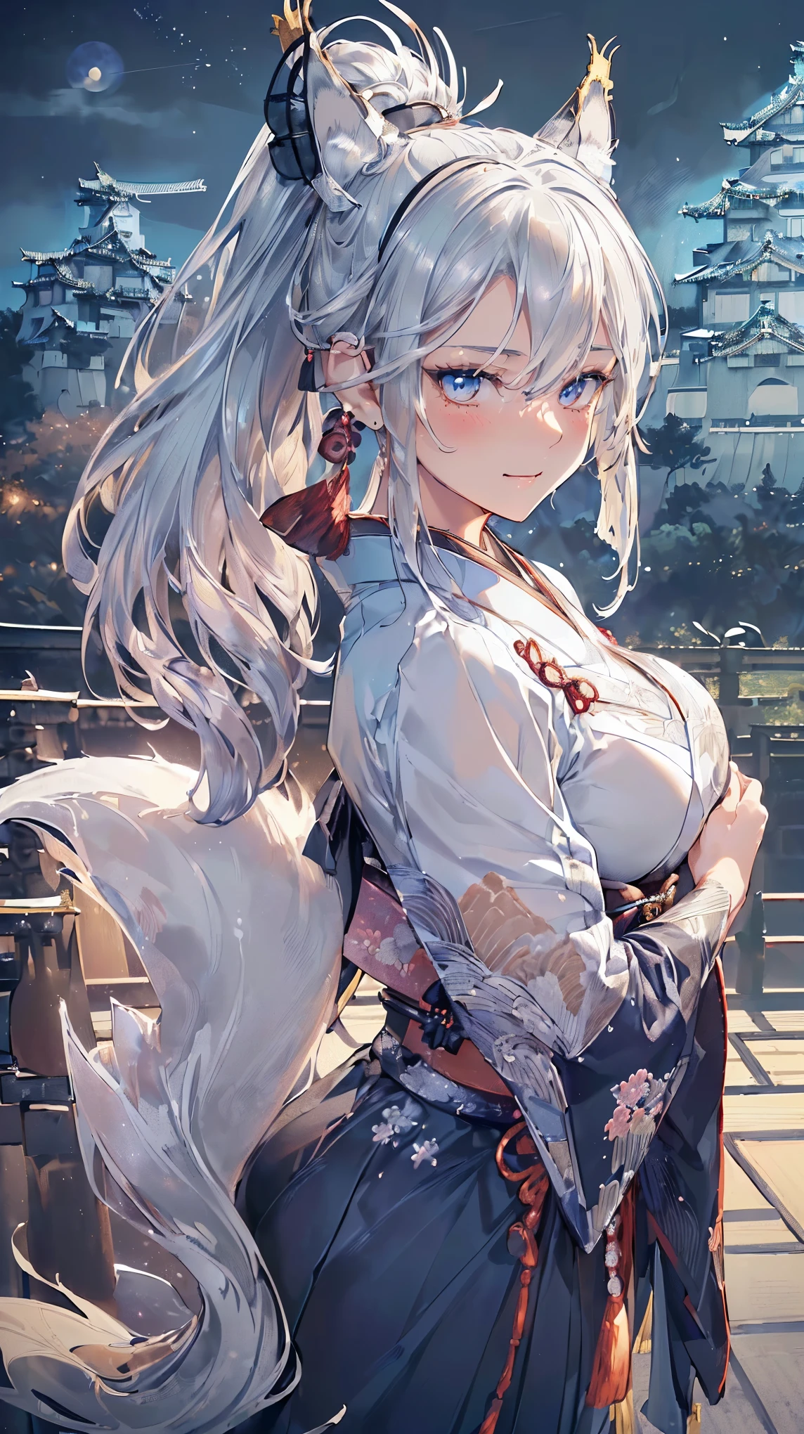 (((Masterpiece))), (((Highest quality))), ((Ultra-detailed)), ((Super fine illustration)), ((Ultra-fine painting)), (16K highest quality wallpaper:1.4), (Upper body:1.6), HDR, (Highly detailed and delicate illustration style:1.8), Detailed skin texture, Detailed cloth texture, Extreme detailed description, (T-masterpiece), (Highly detailed face:1.2), (Highly detailed silver fox ears:1.2), (Highly detailed shiny ponytail:1.2), (Highly detailed beautiful eyes:1.2), (Highly detailed silver nine tails:1.2), Original, RAW photo, Professional, Intricate details, Super details, Direct light:1.6, (Perfect anatomy:1.4), (Highly detailed hands:1.2), (Highly detailed fingers:1.2), (Highly detailed fingertips:1.2), (27-years-old), Real, (Sexy), (Sexy), (Solo:1.8), ((A very beautiful and attractive silver fox model:1.4)) BRAKE (Beautiful and adorable silver fox ears:1.6), (Highly detailed and delicate silver fox ears:1.4), (Beautiful and adorable silver fox nine tails:1.2), (Highly detailed and delicate silver fox nine tails:1.2), (Beautiful and well-shaped big breasts:1.2), (Beautiful and well-shaped buttocks), (Beautiful and shiny silver ponytail:1.6), (Highly detailed and delicate silver ponytail:1.2), (Beautiful and clear blue eyes:1.6), (Highly detailed and delicate blue eyes:1.4), (Highly detailed face:1.4), (Smile:1.6), (Blush:1.4), (Looking at viewer:1.4) BRAKE (Dark colored highly detailed kimono armor:1.6), (Dark colored highly detailed long hakama armor:1.6), (Japanese traditional costume:1.2) BRAKE ((Highly detailed and delicate Japanese castle background:1.6), Highly detailed and beautiful moon and starry sky background:1.4) BRAKE (NSFW) BRAKE