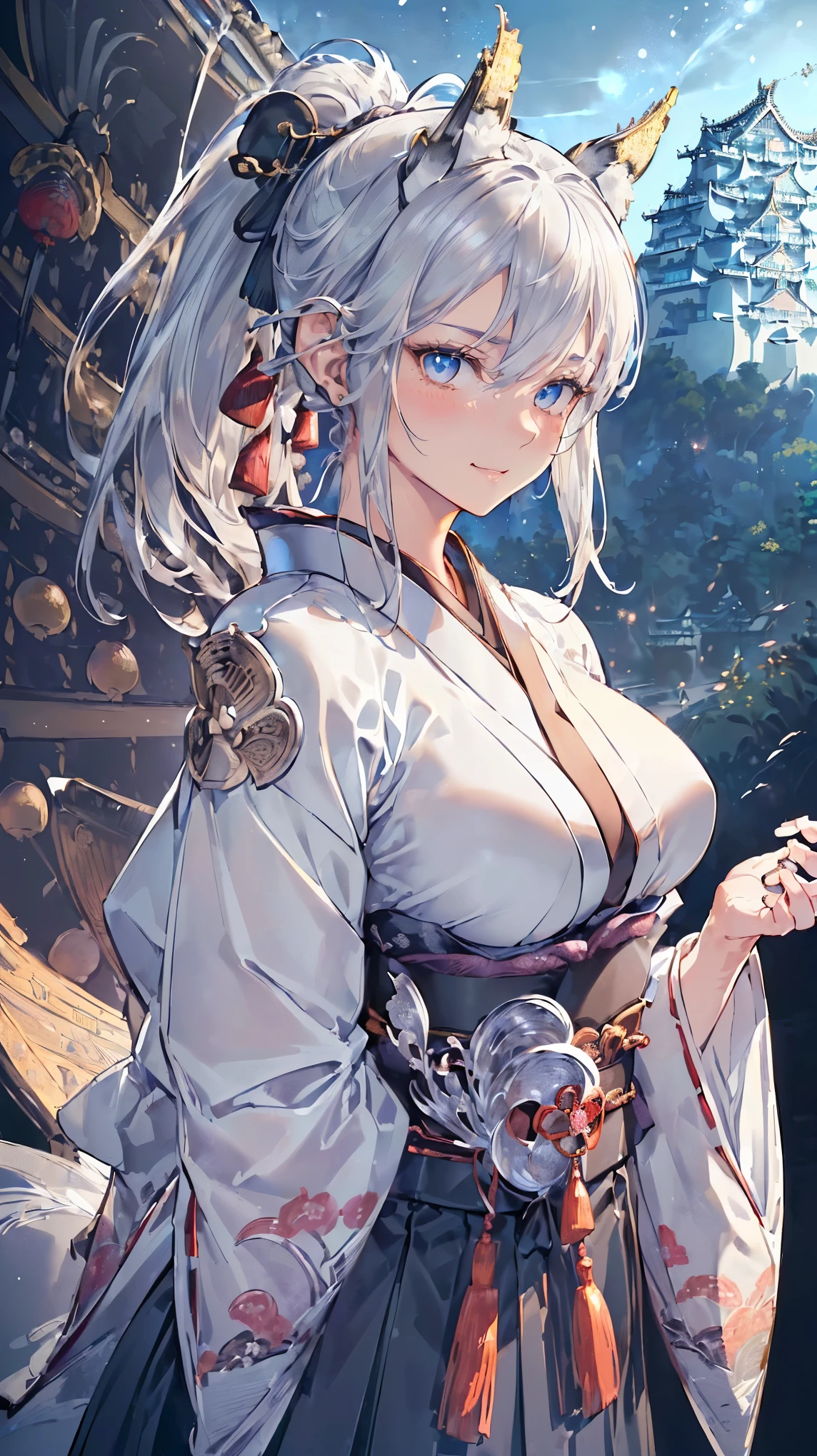 (((Masterpiece))), (((Highest quality))), ((Ultra-detailed)), ((Super fine illustration)), ((Ultra-fine painting)), (16K highest quality wallpaper:1.4), (Upper body:1.6), HDR, (Highly detailed and delicate illustration style:1.8), Detailed skin texture, Detailed cloth texture, Extreme detailed description, (T-masterpiece), (Highly detailed face:1.2), (Highly detailed silver fox ears:1.2), (Highly detailed shiny ponytail:1.2), (Highly detailed beautiful eyes:1.2), (Highly detailed silver nine tails:1.2), Original, RAW photo, Professional, Intricate details, Super details, Direct light:1.6, (Perfect anatomy:1.4), (Highly detailed hands:1.2), (Highly detailed fingers:1.2), (Highly detailed fingertips:1.2), (27-years-old), Real, (Sexy), (Sexy), (Solo:1.8), ((A very beautiful and attractive silver fox model:1.4)) BRAKE (Beautiful and adorable silver fox ears:1.6), (Highly detailed and delicate silver fox ears:1.4), (Beautiful and adorable silver fox nine tails:1.2), (Highly detailed and delicate silver fox nine tails:1.2), (Beautiful and well-shaped big breasts:1.2), (Beautiful and well-shaped buttocks), (Beautiful and shiny silver ponytail:1.6), (Highly detailed and delicate silver ponytail:1.2), (Beautiful and clear blue eyes:1.6), (Highly detailed and delicate blue eyes:1.4), (Highly detailed face:1.4), (Smile:1.6), (Blush:1.4), (Looking at viewer:1.4) BRAKE (Dark colored highly detailed kimono armor:1.6), (Dark colored highly detailed long hakama armor:1.6), (Japanese traditional costume:1.2) BRAKE ((Highly detailed and delicate Japanese castle background:1.6), Highly detailed and beautiful moon and starry sky background:1.4) BRAKE (NSFW) BRAKE