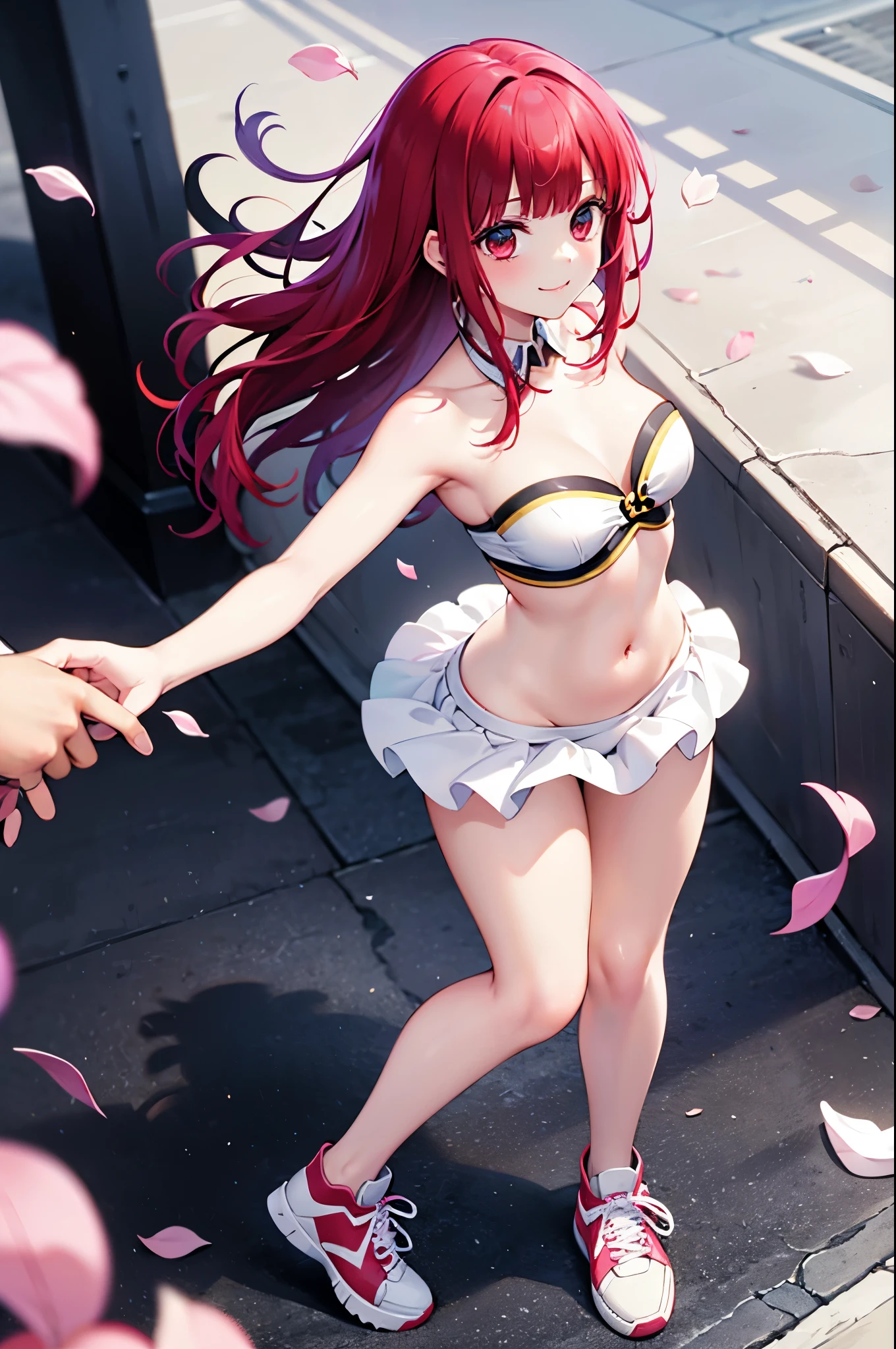 realistic image, detailed image, coherent image, 1 beautiful girl, she has shoulder length hair with blunt bangs, red hair, red eyes, smiling expression. She is wearing a strapless top, showing her navel, thin thong, pleated miniskirt, sneakers, She has a curvy body, small breasts and thick thighs, She is standing, legs crossed, arching her back, white background, uniform background , flower petals falling around, Soft focus, full body view, Dramatic shadows, Volumetric lighting, natural lighting,arima_kana