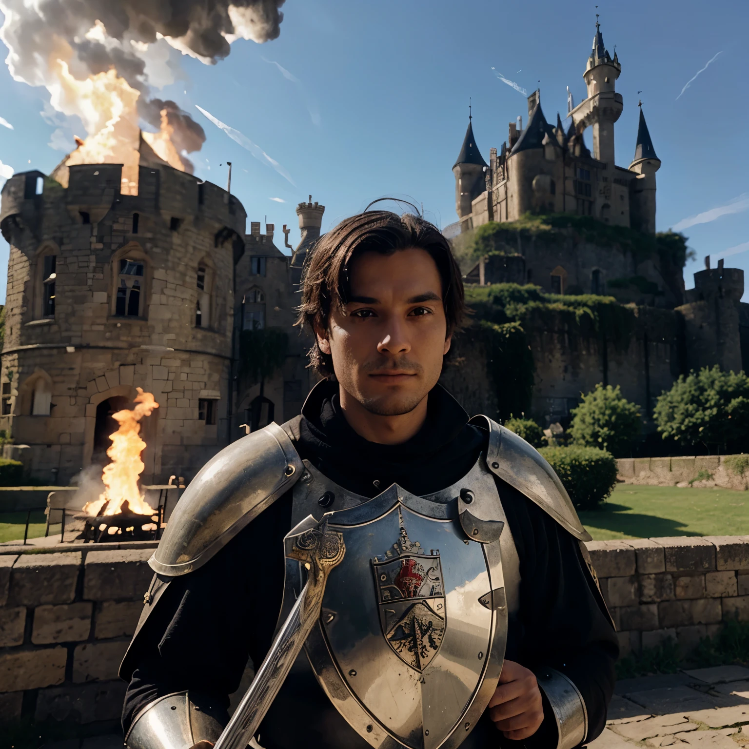 a medieval-era knight, holding a sword and shield, with a burning castle in the background