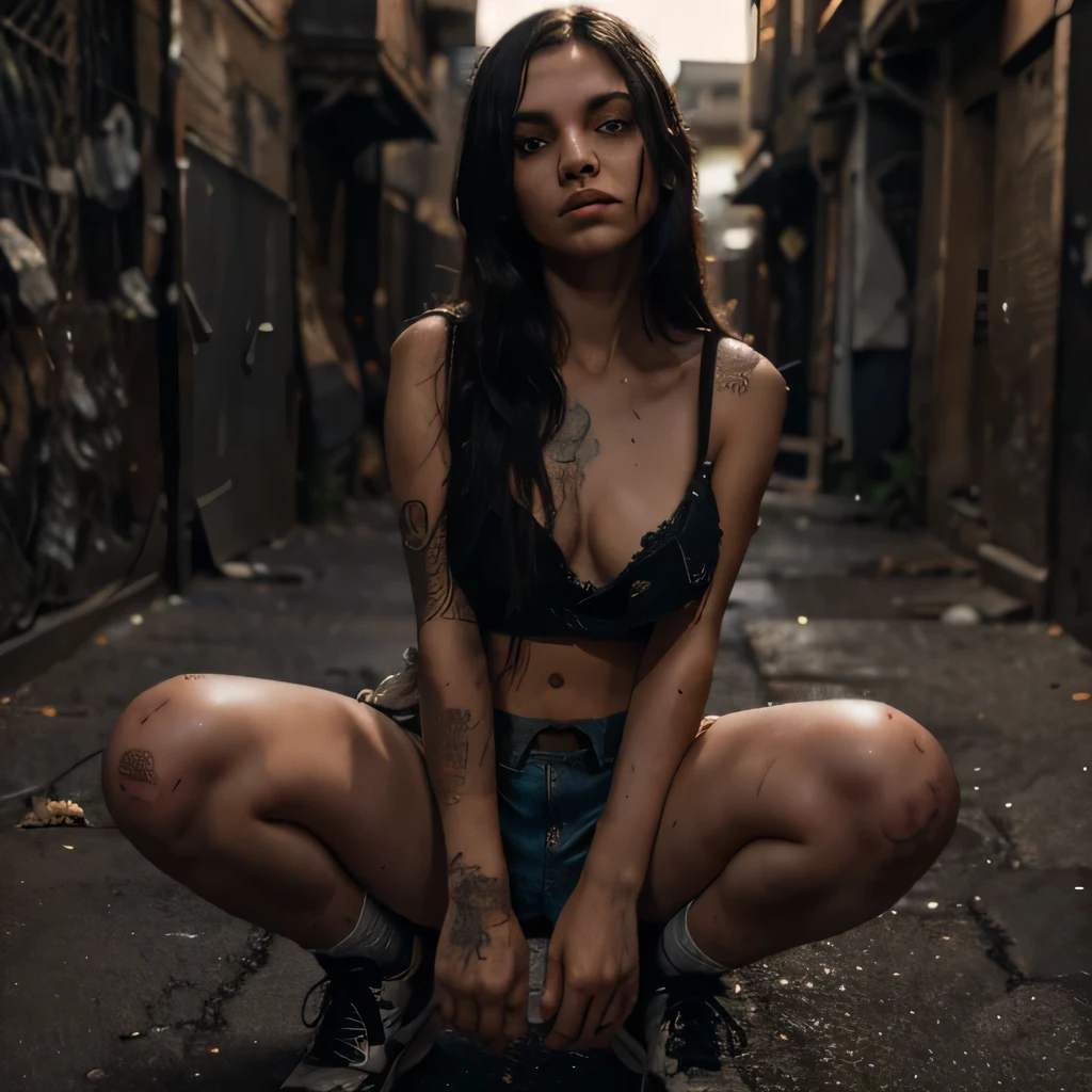 a detailed portrait of a poor 13 year old emo age girl (body and face like a teenith long blackhair, beautiful detailed eyes, beautiful detailed lips, extremely detailed face, extremely cute body and face, bruises on her body, hourglass figure, skinny, short stature, sweaty, little breasts, round ass, wearing dirty and tattered clothes (short skirt, tattered crop top), sitting on her knees in an dark alley, nightime, photorealistic, highly detailed, 4k, dramatic moody colors